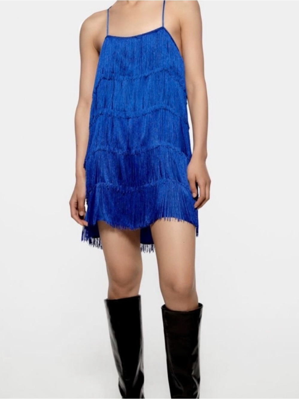 Zara Fringe Mini Dress in Cobalt Dress Size M.